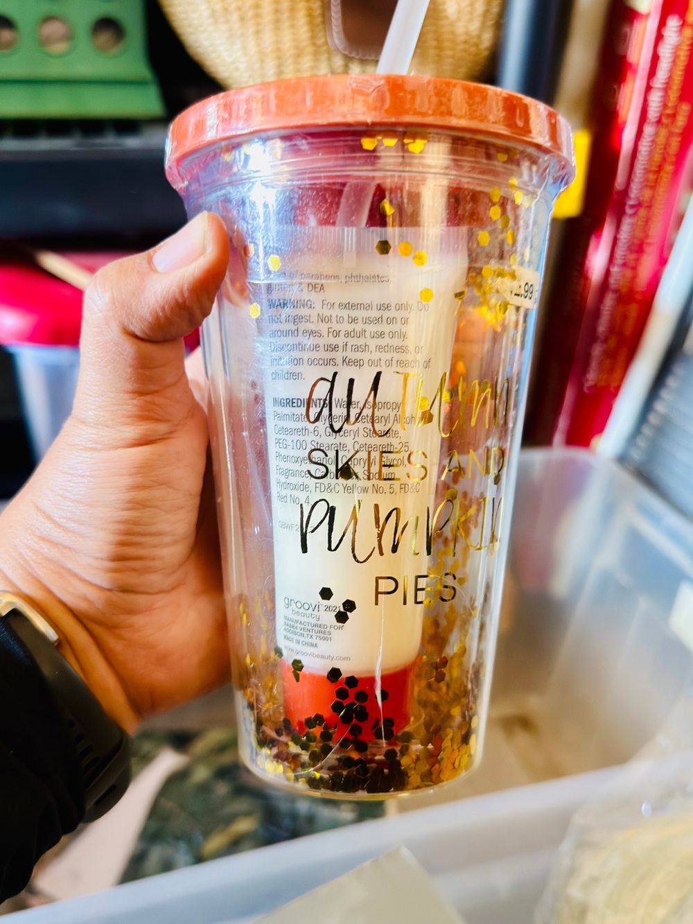 Pink Confetti Travel Tumbler with Straw. Bath accessories inside